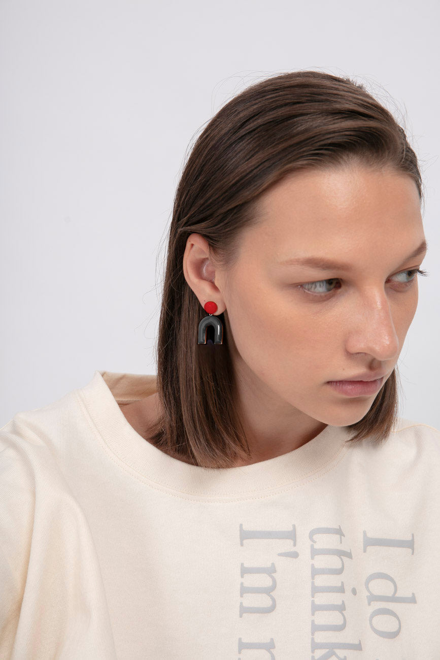 Mountain & Donut on Dots Earrings • Maroon / Black