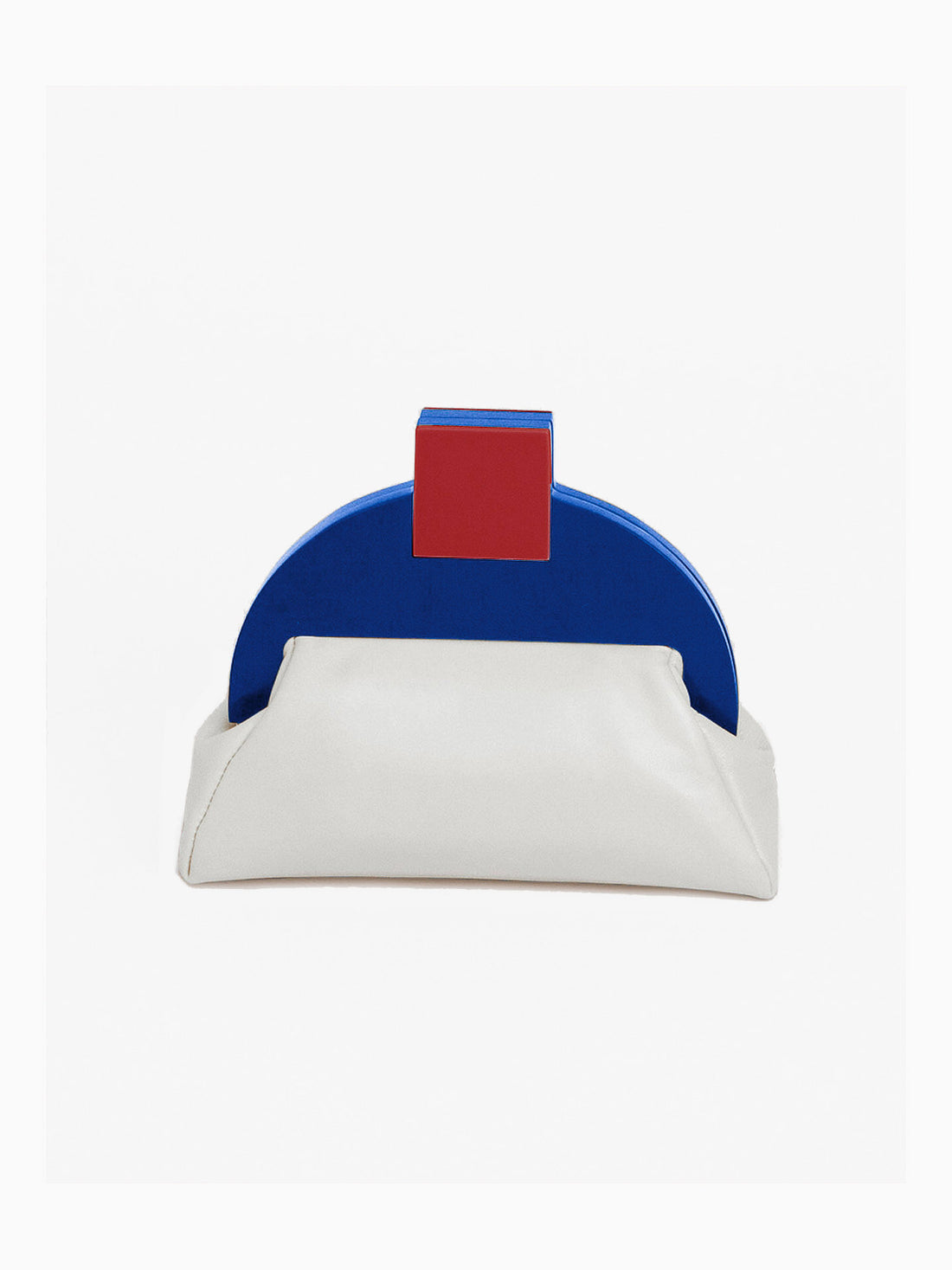 A beige clutch with a geometric blue and red design on the front, closed with a red clasp.