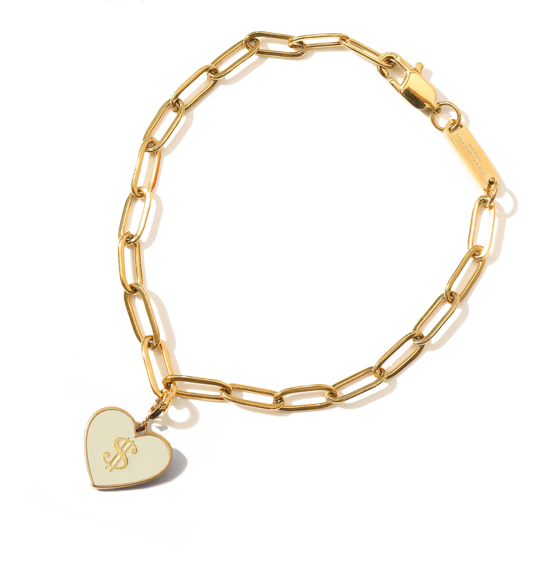 Gold chain bracelet with a heart-shaped $ tag on a white background
