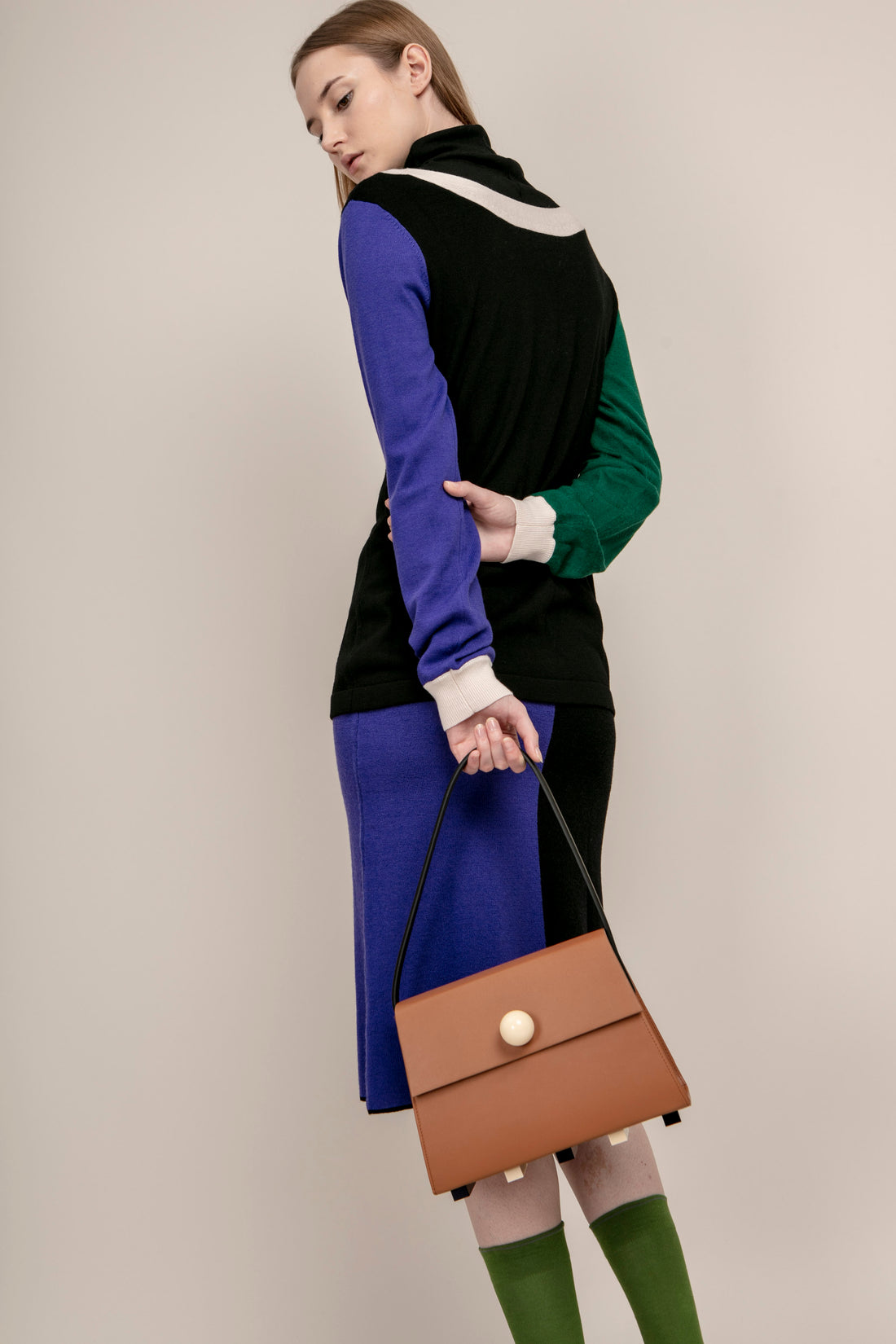 Long Trapezoid Top Handle Satchel Bag • Brown