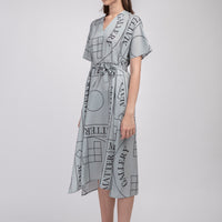 'Not' / Pattern Short Sleeved V-Neck Dress • Grey