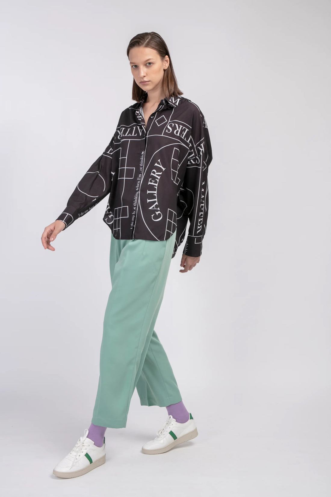 'Not' / Pattern Loose Fit Capri Shirt • Black