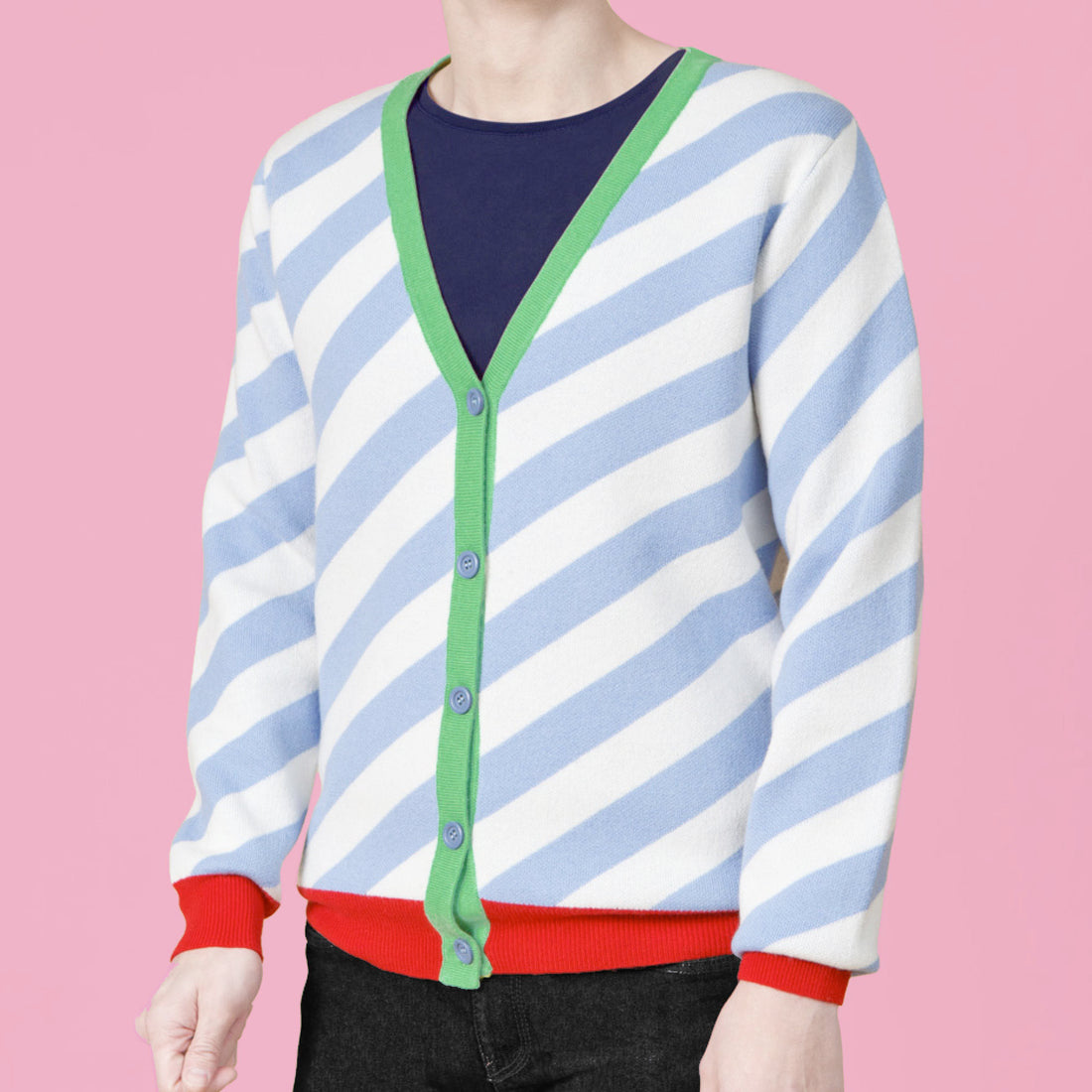 Earn Your / Wool Cashmere-Blend Cardigan • Light Blue / Red