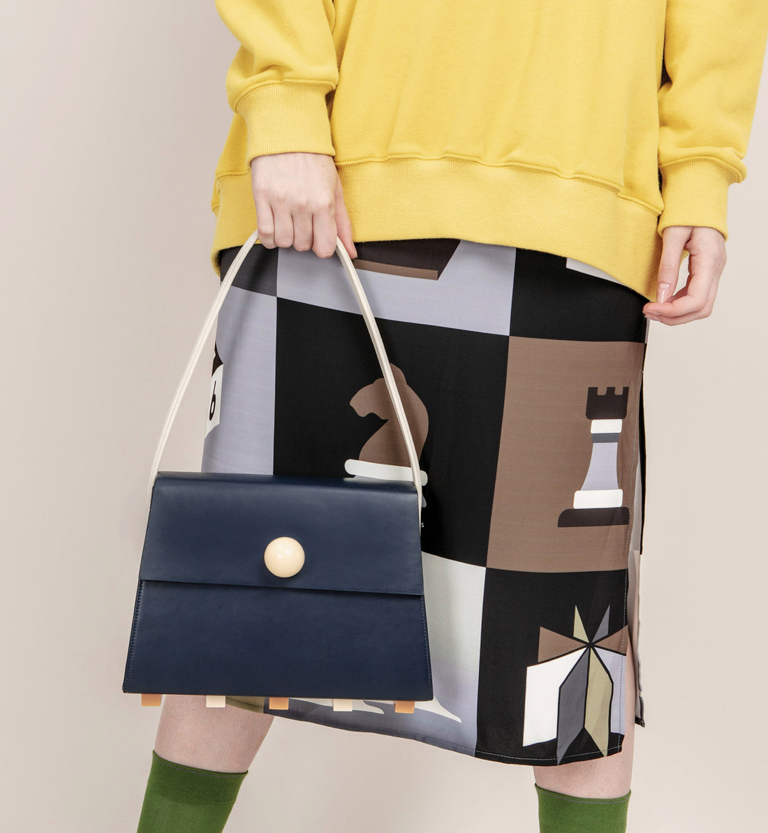 Long Trapezoid Top Handle Satchel Bag • Navy