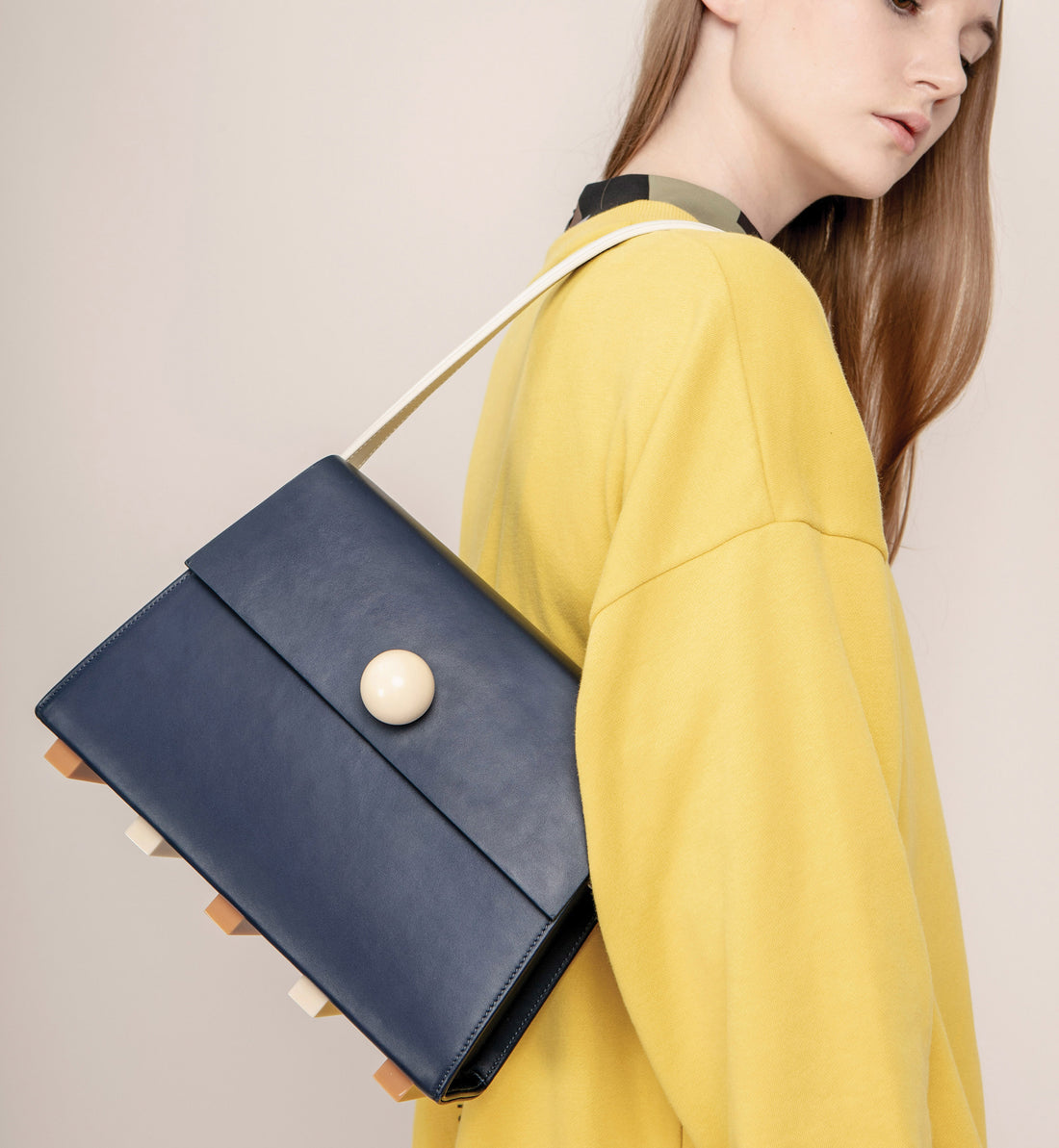 Long Trapezoid Top Handle Satchel Bag • Navy