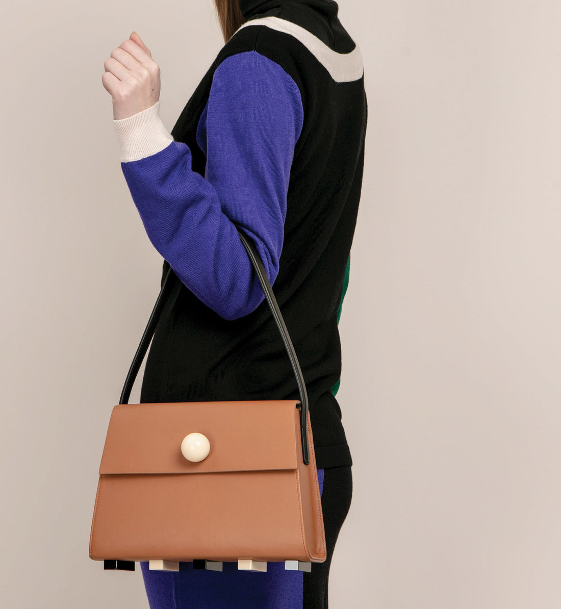 Long Trapezoid Top Handle Satchel Bag • Brown