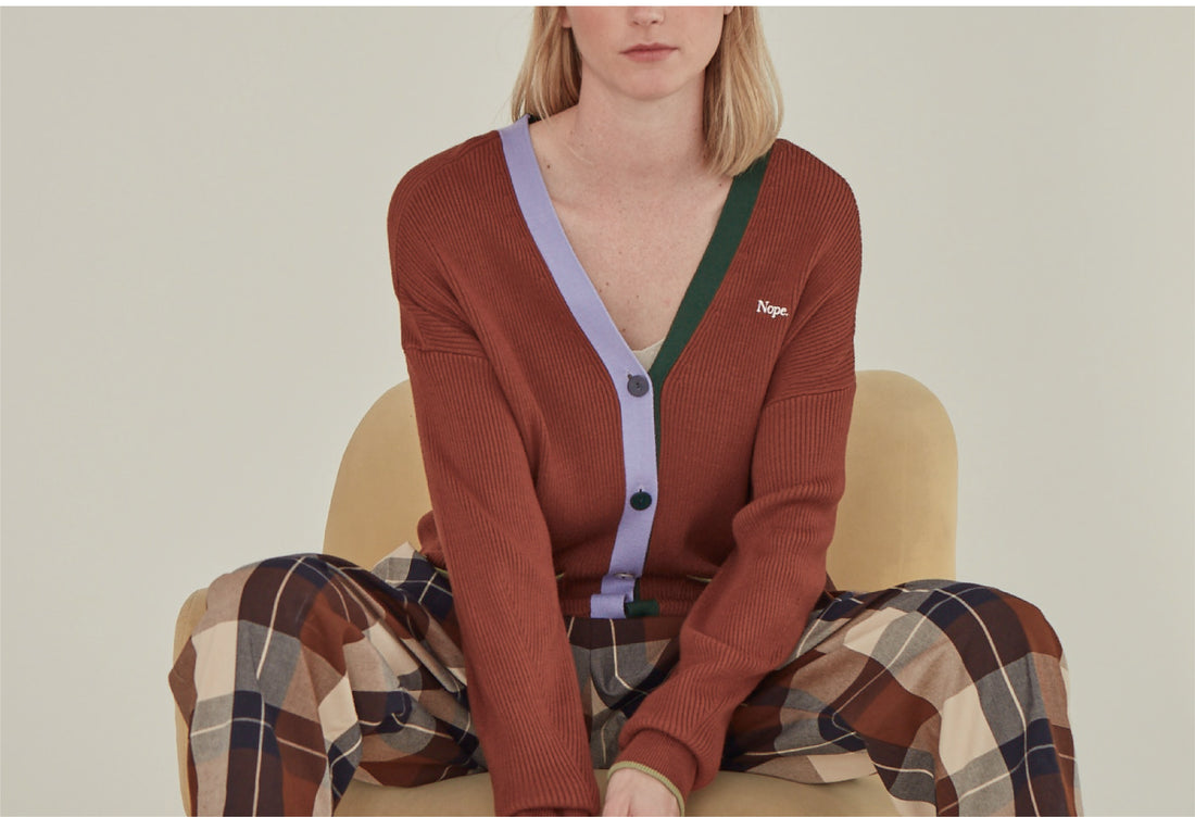 'Nope' / V-Neck Knit Cardigan • Brown