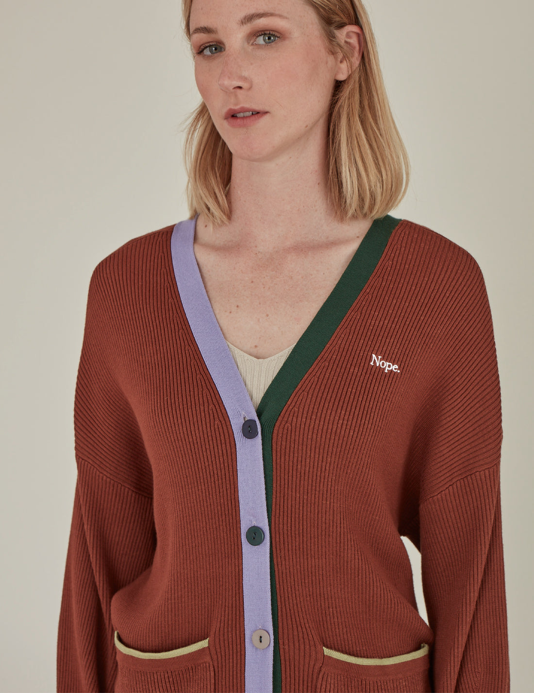 'Nope' / V-Neck Knit Cardigan • Brown