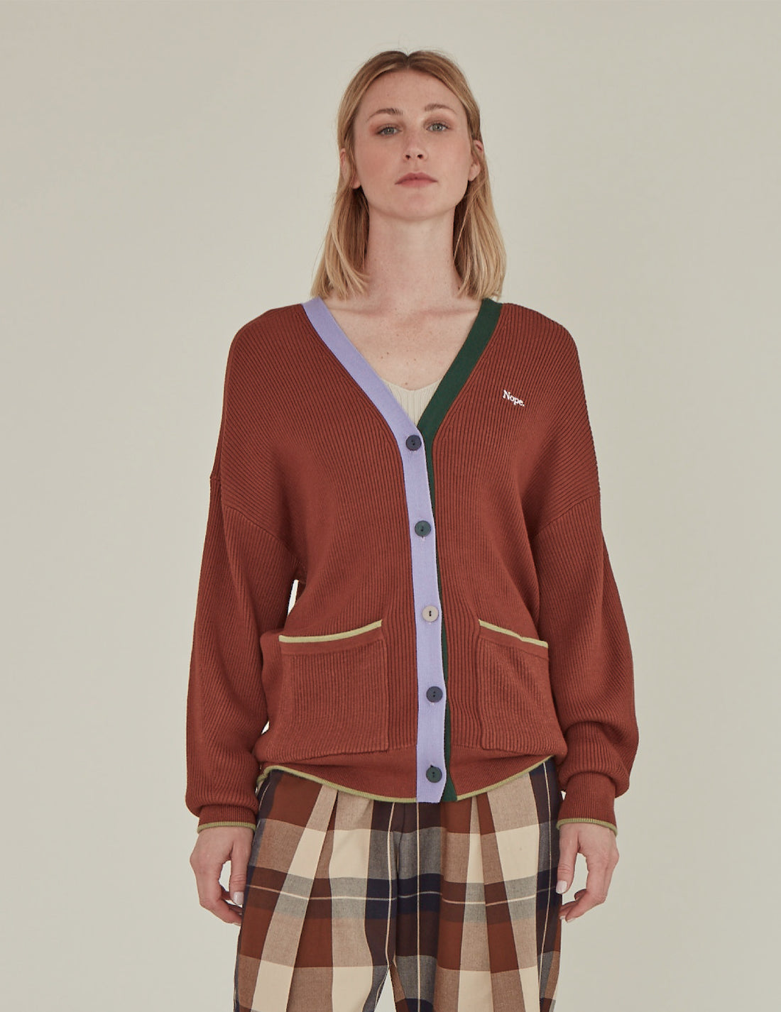 'Nope' / V-Neck Knit Cardigan • Brown