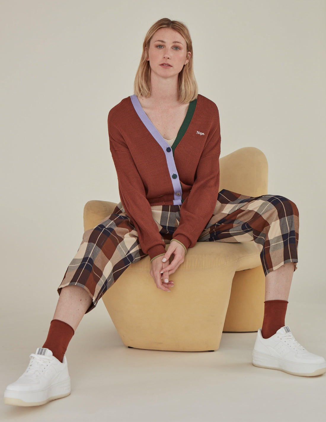 'Nope' / V-Neck Knit Cardigan • Brown