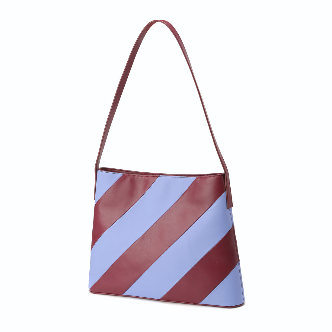 A burgundy tote bag with a striped blue and white patterned top, carrying handle, and a magnetic fastening.