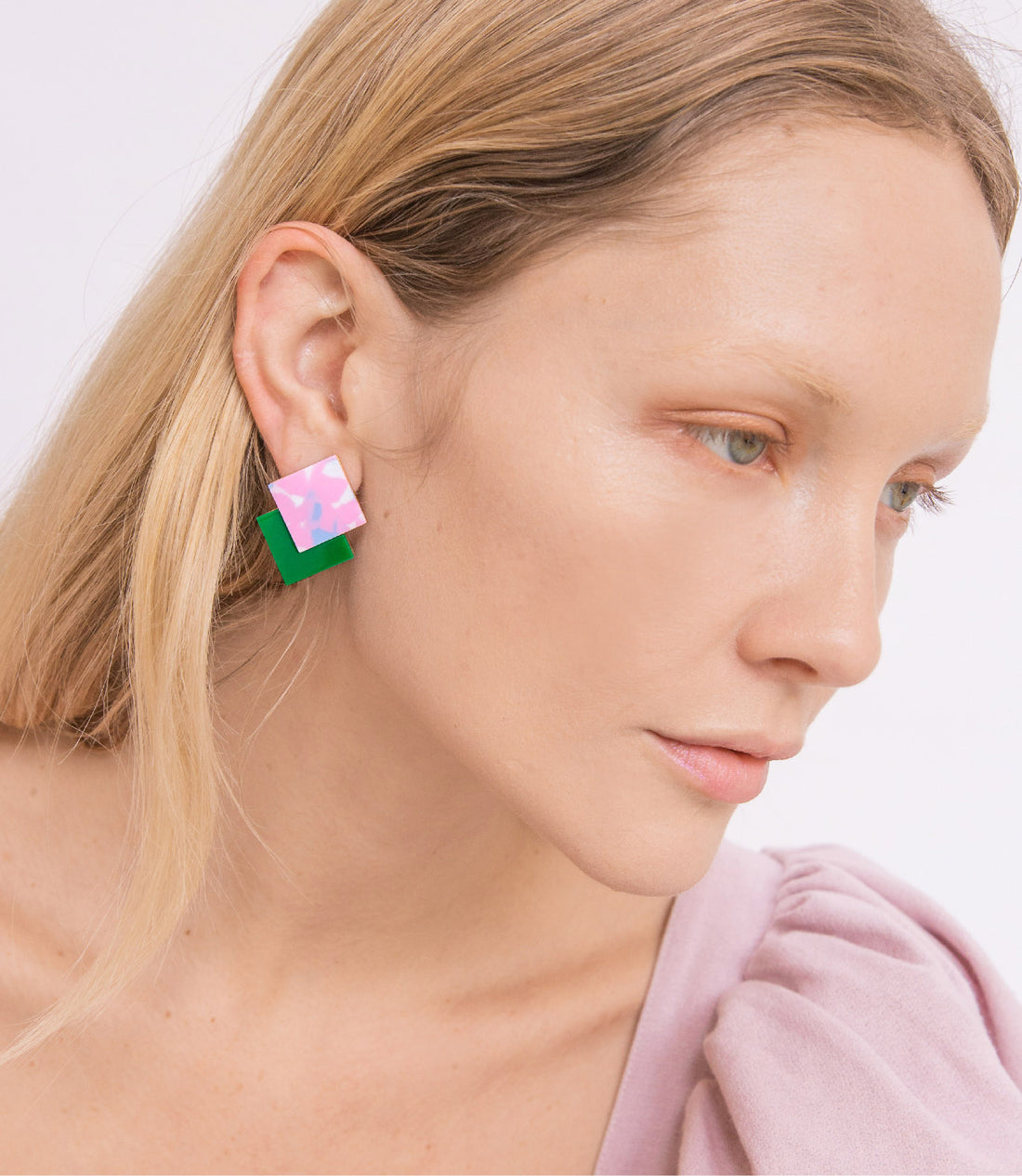 Double Diamond Earrings • Terrazzo Pink on Green