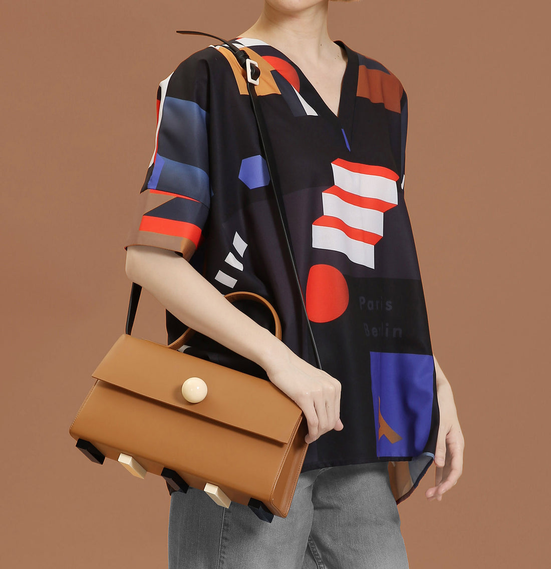 Trapezoid Satchel Bag with Strap • Brown