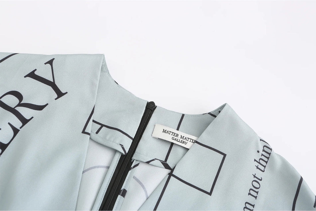 'Not' / Pattern Short Sleeved V-Neck Dress • Grey