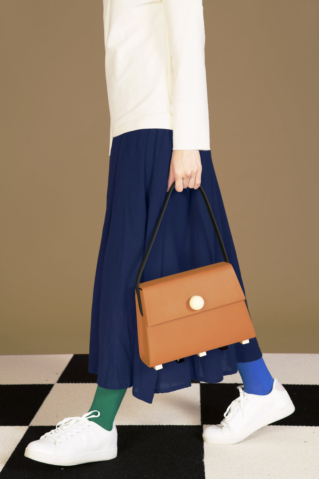 Long Trapezoid Top Handle Satchel Bag • Brown
