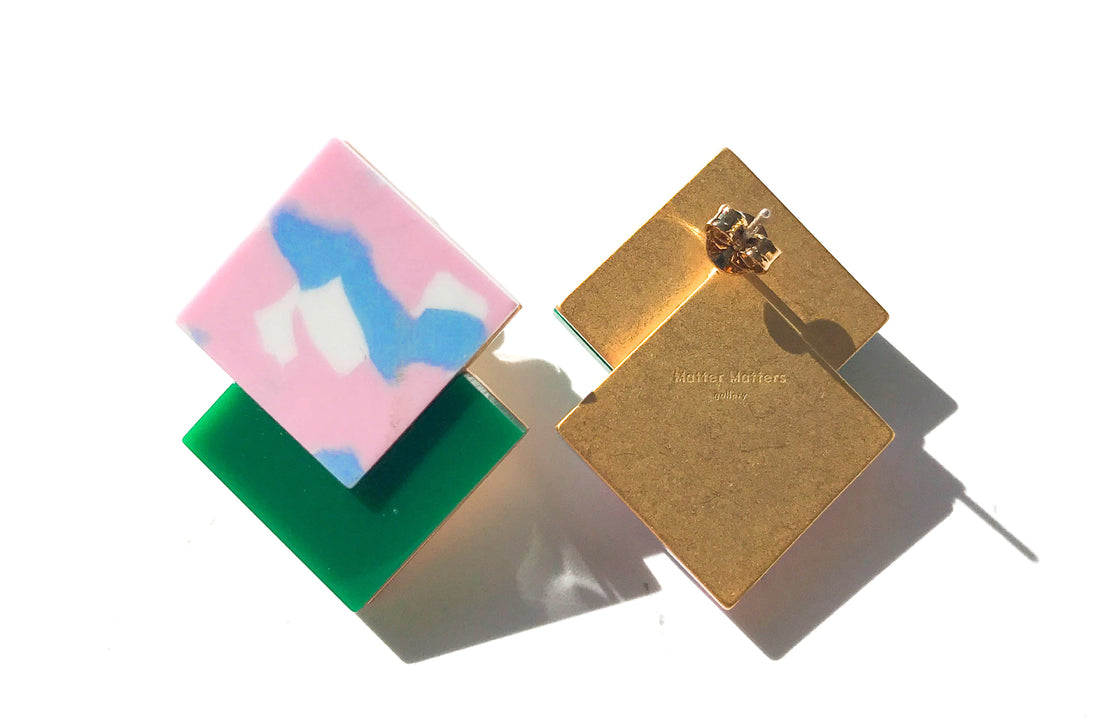 Double Diamond Earrings • Terrazzo Pink on Green