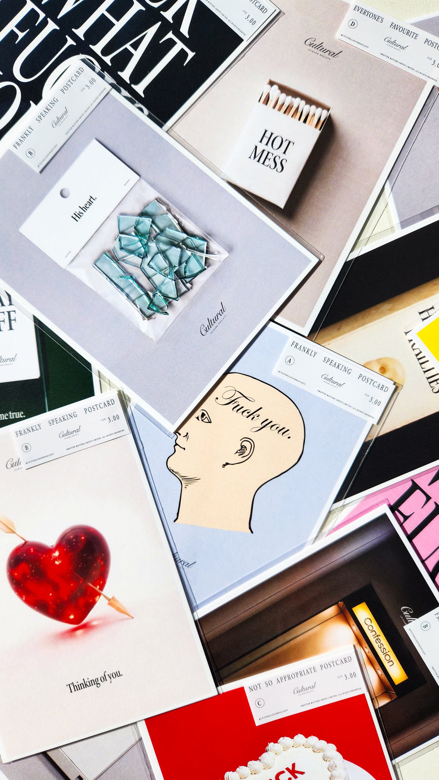 Collection of greeting cards with various designs and text.