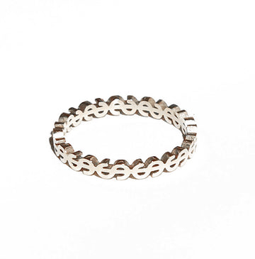 Silver ring with a Dollars design on a white background
