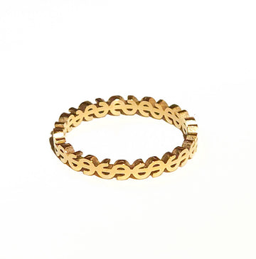 Gold ring with a dollars 
design on a white background