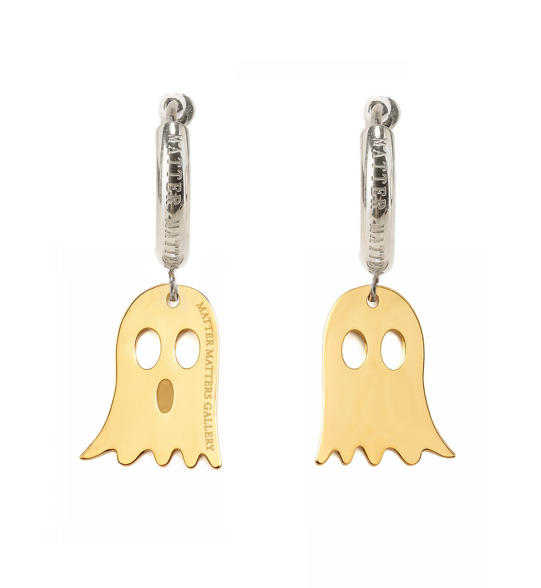 Gold ghost-shaped earrings on a white background