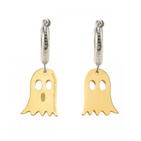 Gold ghost-shaped earrings on a white background