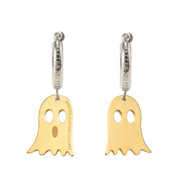 Gold ghost-shaped earrings on a white background