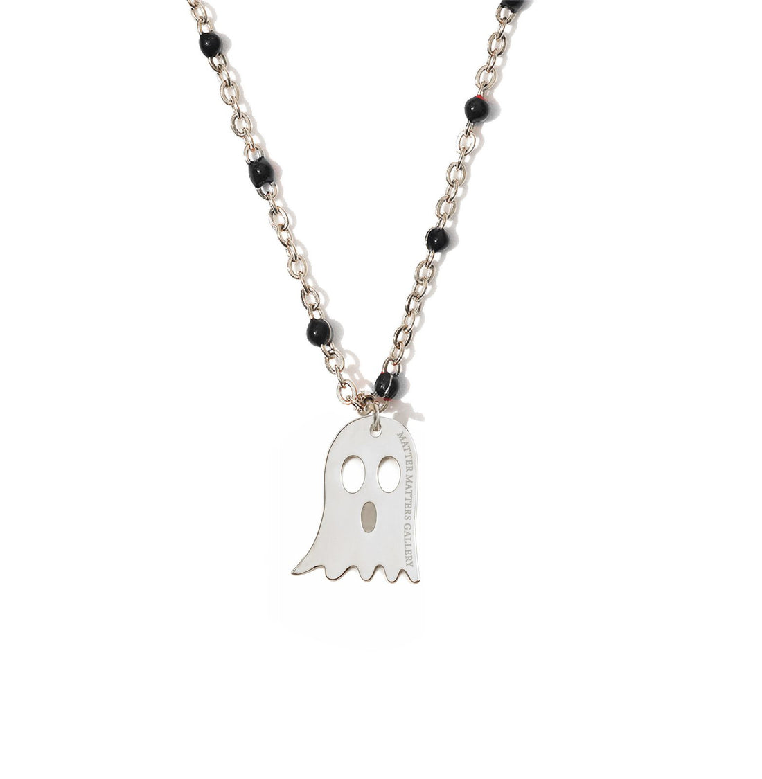 Necklace with a ghost charm on a white background
