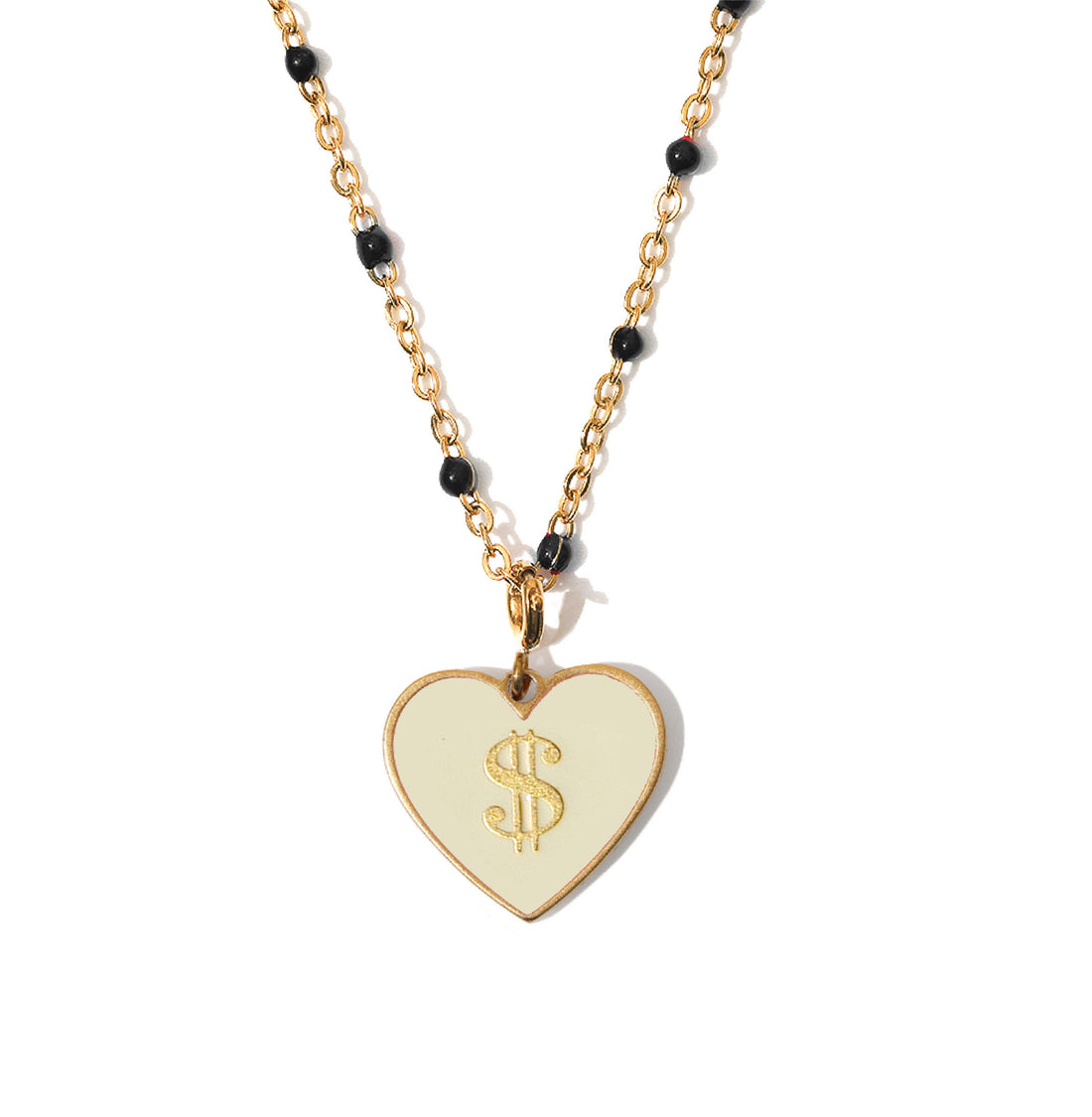 Necklace with a heart-shaped pendant featuring a dollar sign Money on a white background