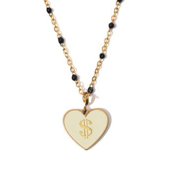 Necklace with a heart-shaped pendant featuring a dollar sign Money on a white background