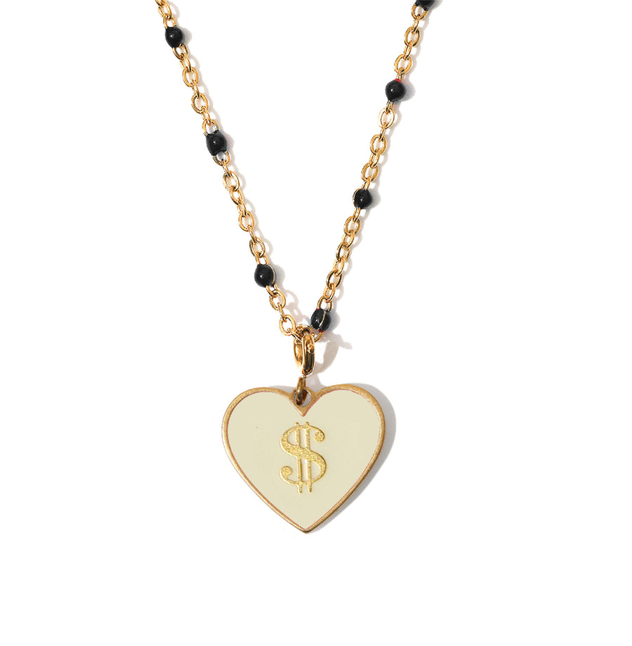 Necklace with a heart-shaped pendant featuring a dollar sign Money on a white background
