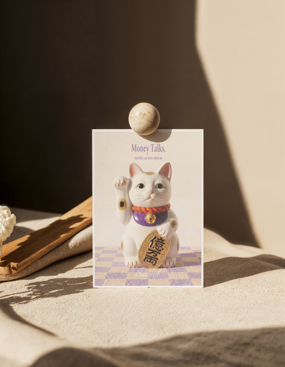 Some Good Fortune Postcard • Money Cat Statue