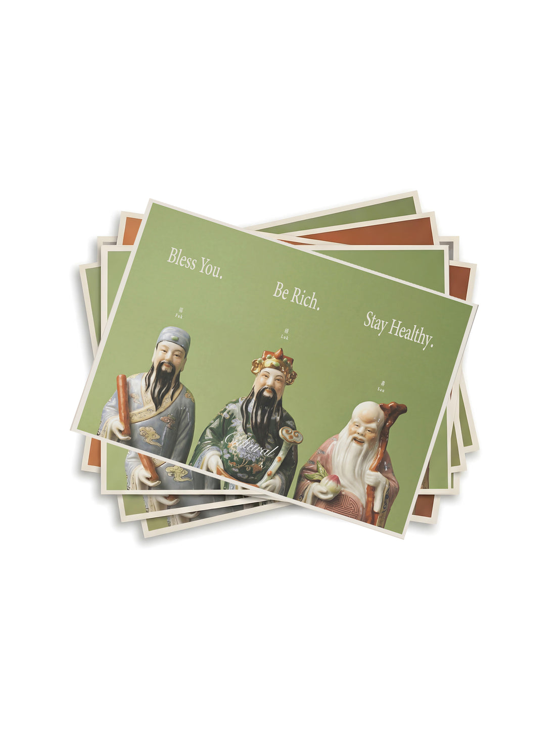 Stack of greeting cards with illustrated characters and text on a white background