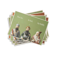 Stack of greeting cards with illustrated characters and text on a white background