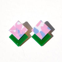 Double Diamond Earrings • Terrazzo Pink on Green