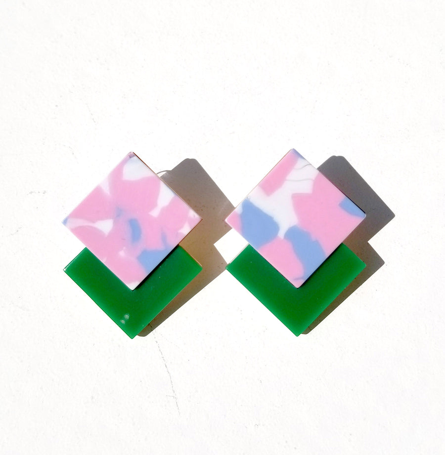 Double Diamond Earrings • Terrazzo Pink on Green