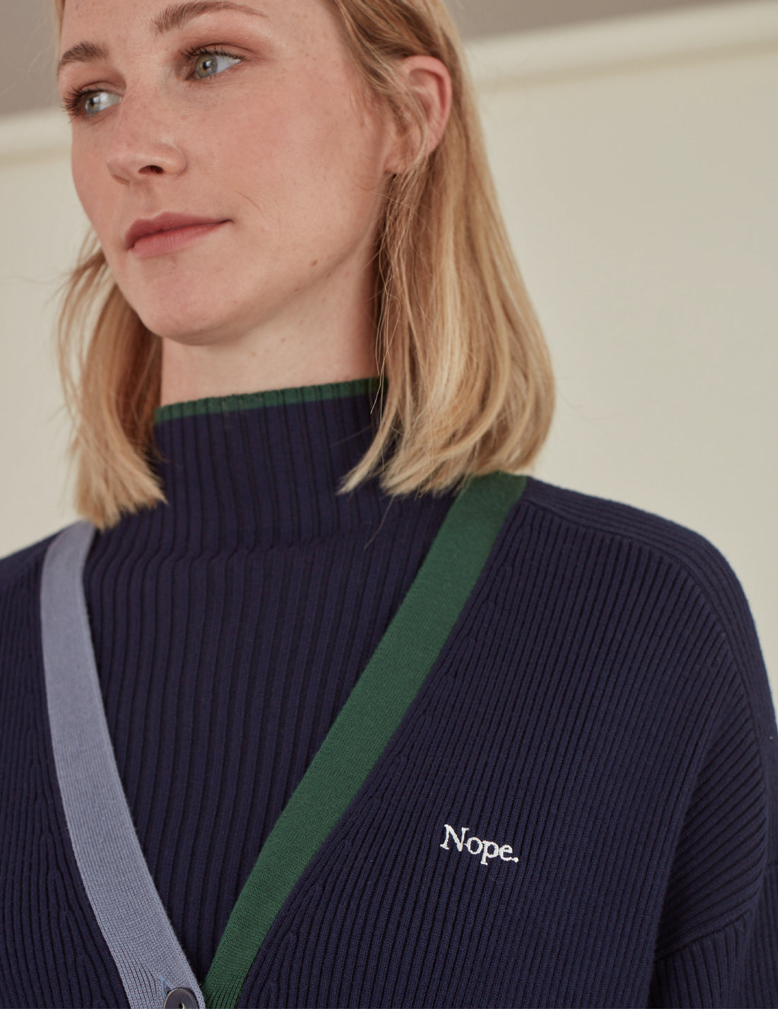 'Nope' / V-Neck Knit Cardigan • Navy