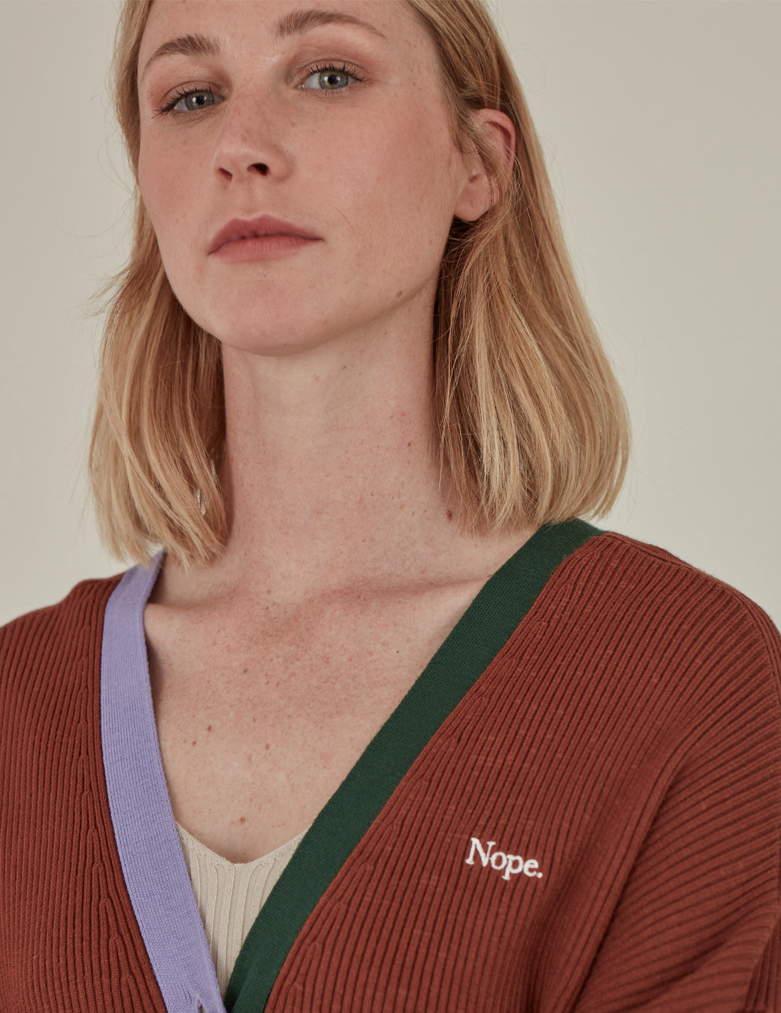 'Nope' / V-Neck Knit Cardigan • Brown