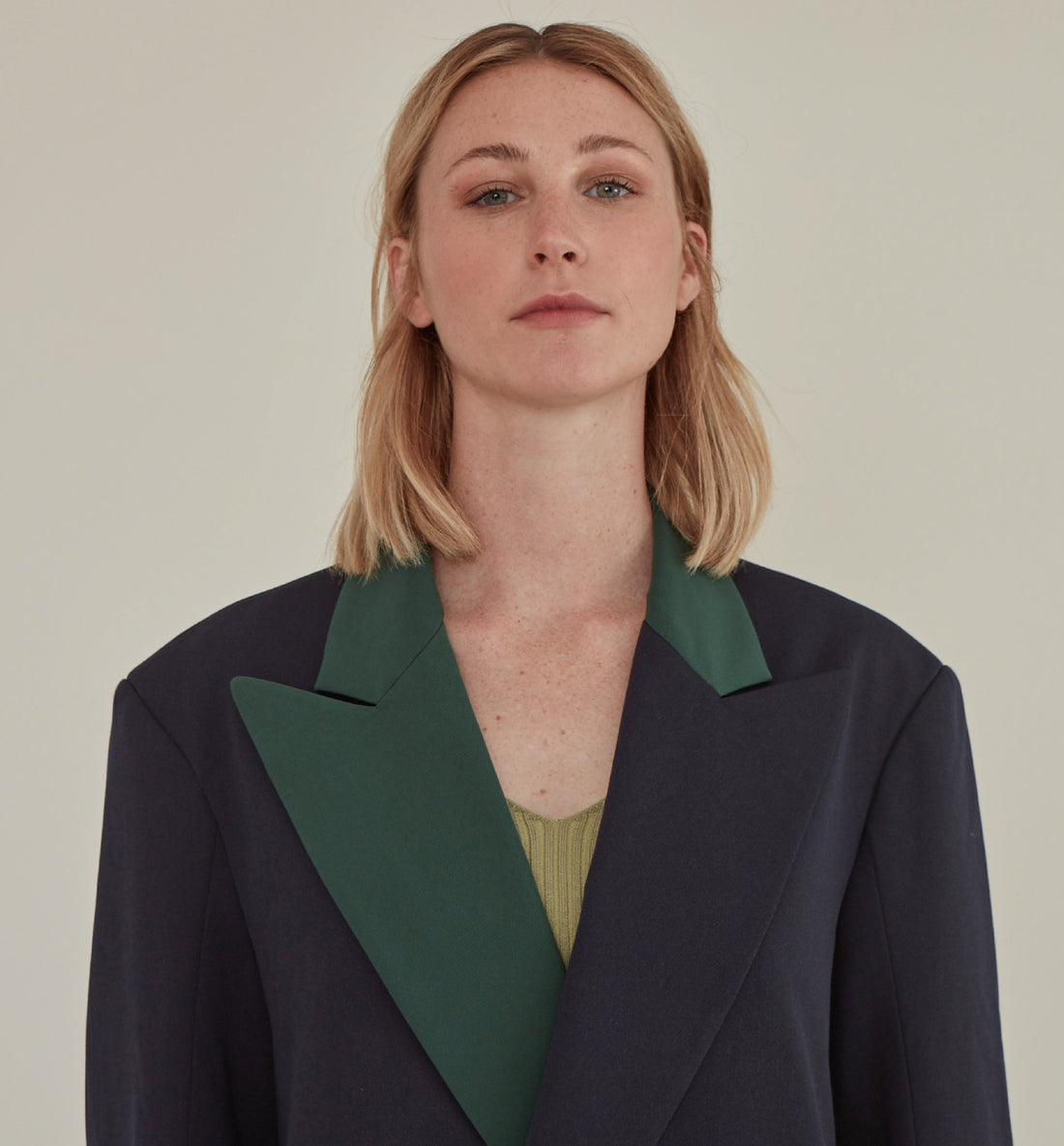 'So,' / Embroidered Two-Tone Oversized Blazer • Navy & Green