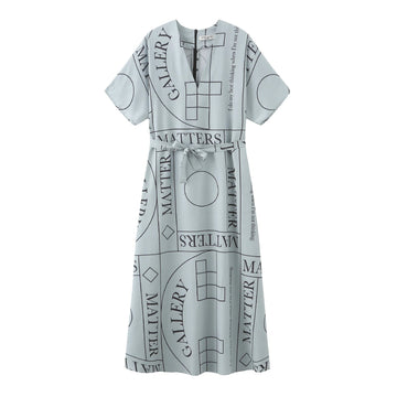 'Not' / Pattern Short Sleeved V-Neck Dress • Grey