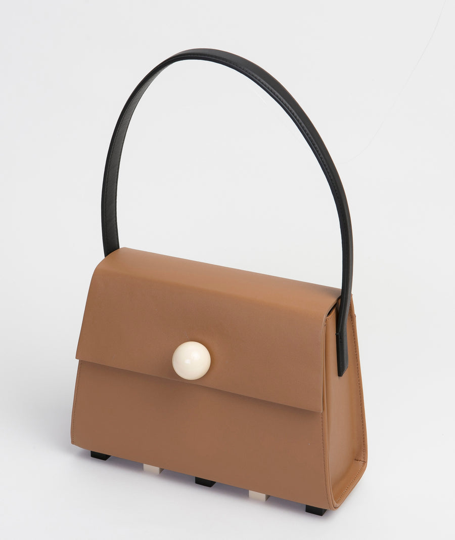 Long Trapezoid Top Handle Satchel Bag • Brown