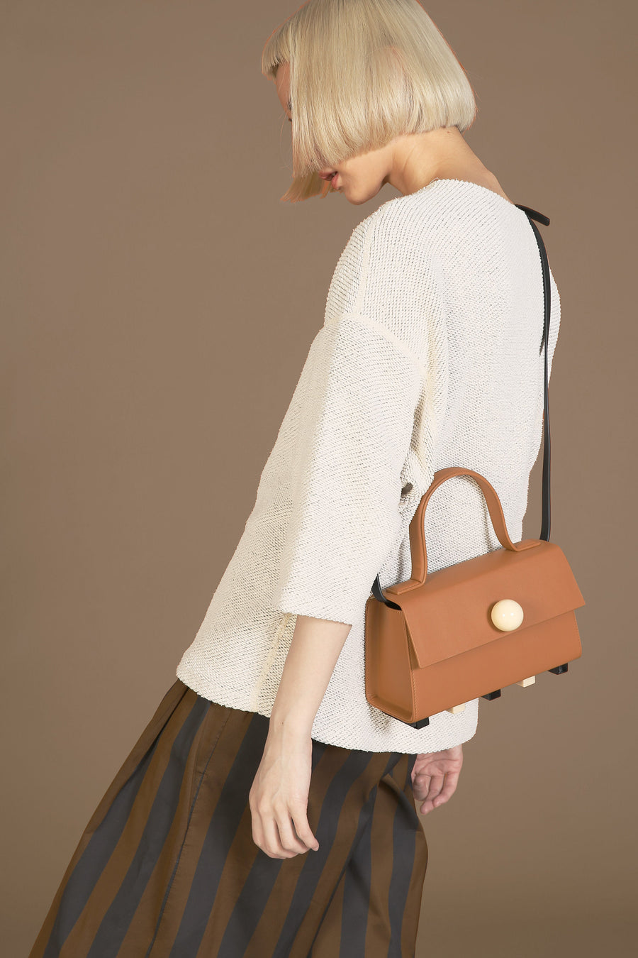 Mini Trapezoid Satchel Bag with Strap • Brown